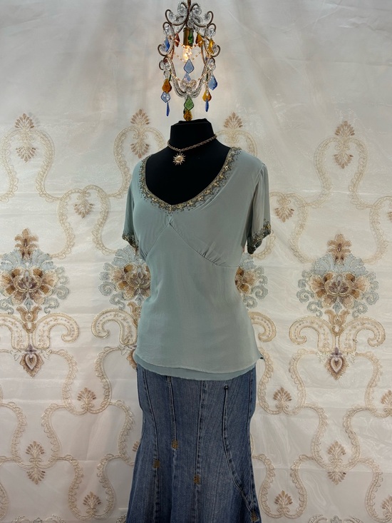 NY Collection Tops - ✨Vintage Y2K Bohemian Silk Seafoam Beaded Fairy Blouse✨